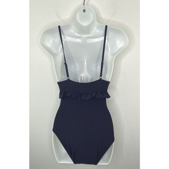 J. Crew $118 Long Torso Ruffle Deep-V One-Piece Swimsuit Size 0 AV682 Navy Blue - Picture 5 of 7